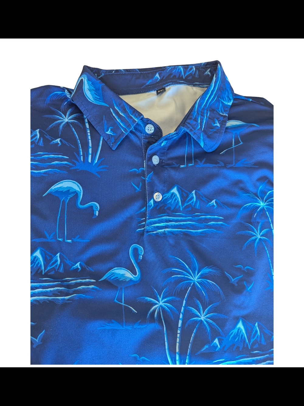 EUC Mens 2XL Neon Blue Tropical Island Flamingo Polo Shirt